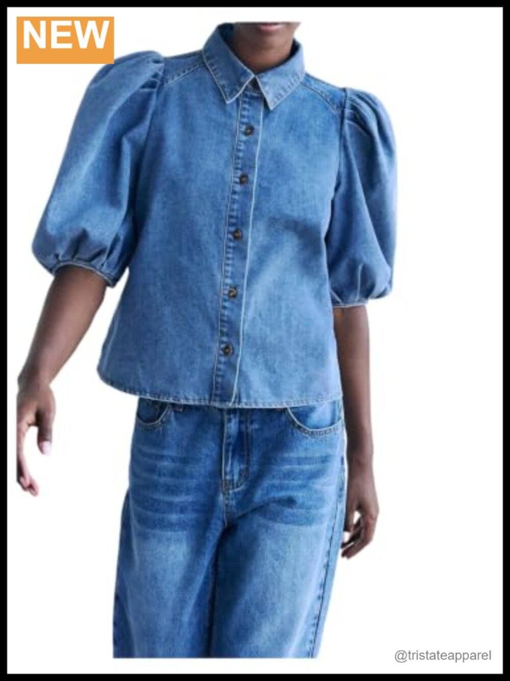Denim Button Down Shirt Puff Sleeve Collared Jean Top Women's Blouse